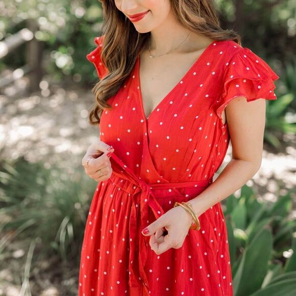 Old Navy Surplice Wrap Front Midi Dress Red Dots Size XXL NWT Tie Waist - Picture 4 of 13